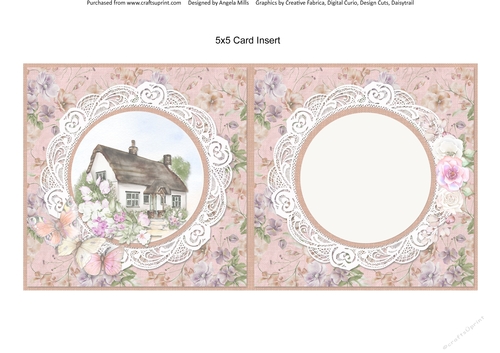 Country Garden 15: Country Cottage 5 x 5 Card Insert with Peach/Green/Lilac Floral Background, Blank