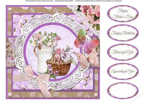 Country Garden 7: Floral Basket/Watering Can 8 x 8 Quick Card Front with Sentiments