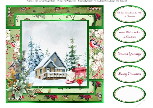 Winter Garden 13: Red Mailbox/Cottage 8 x 8 Quick Card Front with Sentiments, Green/Red