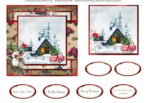 Winter Garden 14: Red Car/Wooden Chalet 6 x 6 Card Front with Topper and Sentiments, Kraft/Red
