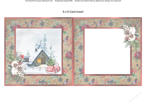 Winter Garden 14: Red Car/Wooden Chalet 6 x 6 Card Insert with Kraft/Red Bullfinches/Poinsettias Background, Blank