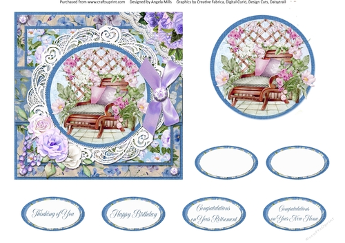 Country Garden 8: Garden Seat/Trellis 6 x 6 Card Front with Toppers and Sentiments, Blue/Lilac