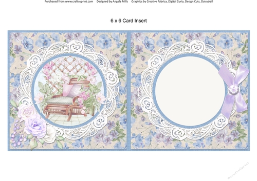 Country Garden 8: Garden Seat/Trellis 6 x 6 Card Insert with Ivory/Blue/Lilac Floral Background, Blank
