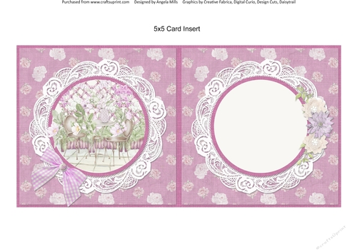 Country Garden 12: Garden Patio/Floral Trellis 5 x 5 Card Insert with Pink/White Floral Background, Blank