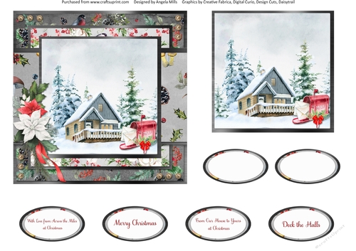 Winter Garden 11: Red Mailbox/Cottage 6 x 6 Card Front with Topper and Sentiments