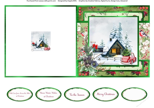 Winter Garden 15: Red Car/Wooden Chalet 5 x 5 Quick Cut & Fold Card with Sentiments