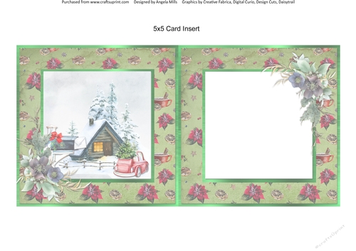 Winter Garden 15: Red Car/Wooden Chalet 5 x 5 Card Insert with Red/Green Poinsettias Background, Blank