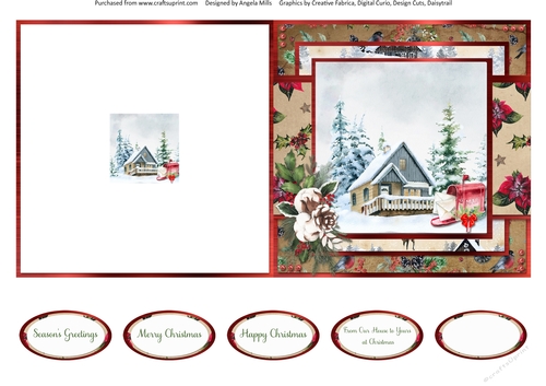 Winter Garden 12: Red Mailbox/Cottage 5 x 5 Quick Cut & Fold Card with Sentiments