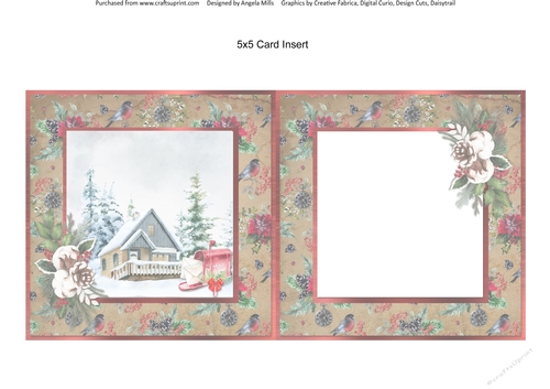 Winter Garden 12: Red Mailbox/Cottage 5 x 5 Card Insert with Kraft/Red Poinsettias  Bullfinches Background, Blank