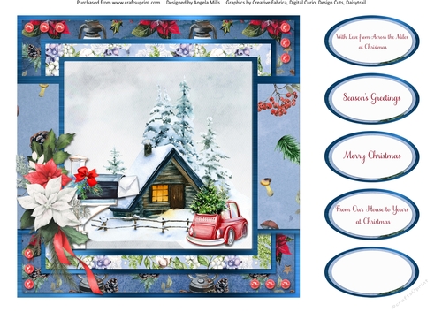 Winter Garden 16: Red Car/Wooden Chalet 8 x 8 Card Front with Sentiments, Blue/Red