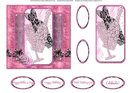 Party Glam 5: Black Dress/Pink Champagne 6 x 6 Card Front with Topper and Sentiments, Pink/Black
