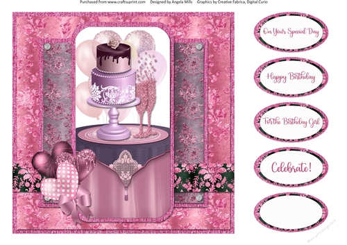 Party Glam 13: Cake and Champagne 8 x 8 Quick Card Front with Sentiments, Pink/Plum