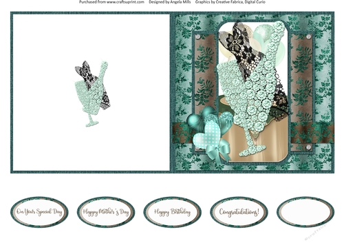 Party Glam 6: Black Lace Dress/Champagne 5 x 5 Quick Cut & Fold Card with Sentiments, Teal/Black