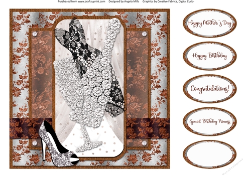 Party Glam 7: Black Lace Dress/Champagne 8 x 8 Card Front with Sentiments, Silver/Russet