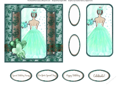 Party Glam 8: Aqua Princess 6 x 6 Card Front with Topper and Sentiments, Aqua/Teal