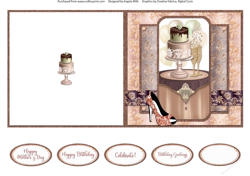 Party Glam 12: Cake & Champagne 5 x 5 Quick Cut & Fold Card with Sentiments, Peach/Taupe