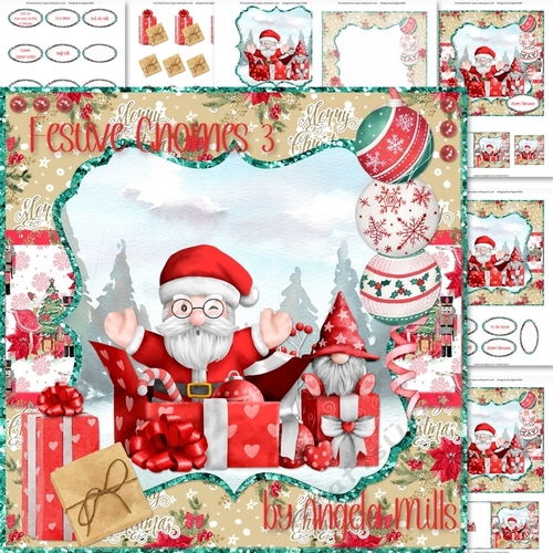 Festive Gnomes 3: Santa &  Gnome Gift Boxes 7 x 7 Card Mini Kit, 7 Sheets