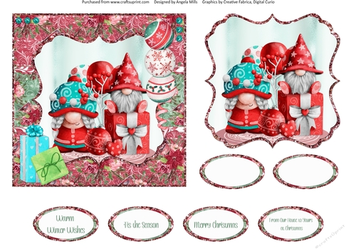 Festive Gnomes 5: Gift Boxes & Baubles 6 x 6 Card Front with Topper and Sentiments