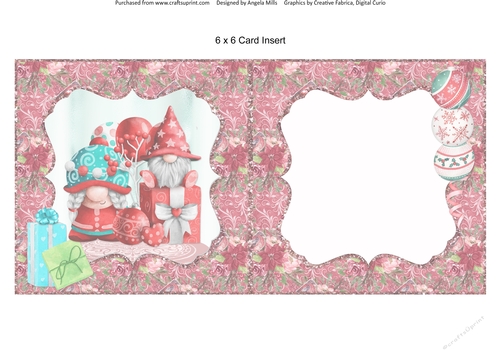 Festive Gnomes 5: Gift Boxes & Baubles 6 x 6 Card Insert with Burgundy Floral Background, Blank