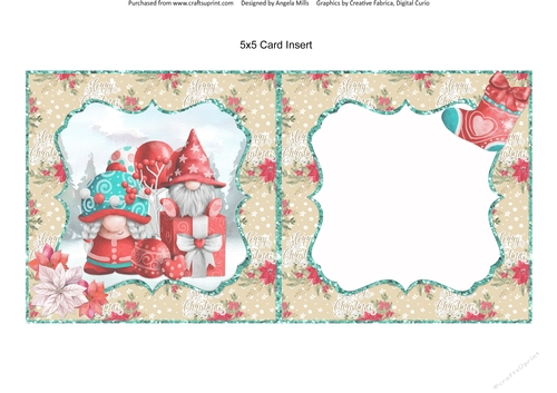 Festive Gnomes 6: Gift Box & Baubles 5 x 5 Card Insert with  Red/Fawn Poinsettias Background, Blank