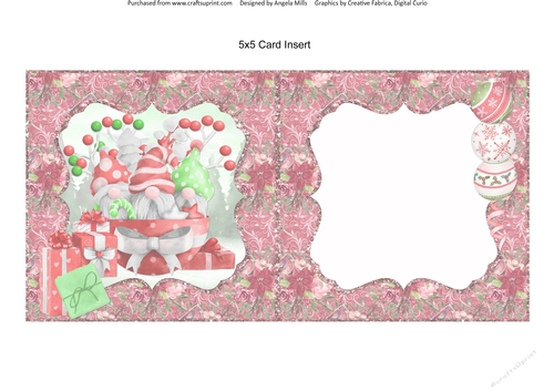 Festive Gnomes 15: Christmas Baubles & Gift Boxes 5 x 5 Blank Card Insert with Burgundy Floral Background