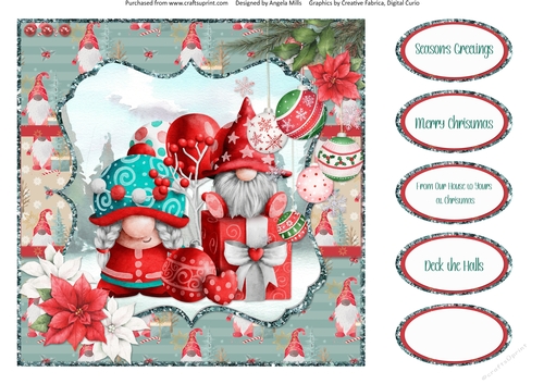 Festive Gnomes 7: Gift Boxes & Christmas Baubles 8 x 8 Card Front with Sentiments, Teal/Red