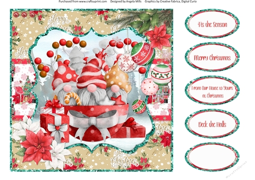 Festive Gnomes 16: Christmas Baubles & Gift Boxes 8 x 8 Card Front with Sentiments