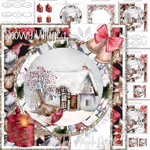 Snowy Village 1: Snowy Cottage & Robin 7 x 7 Card Mini Kit, 7 Sheets