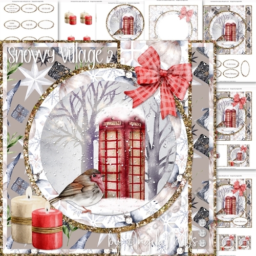 Snowy Village 2: Telephone Box & Robin 7 x 7 Card Mini Kit, 7 Sheets