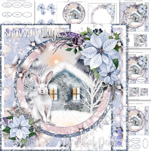 Snowy Village 3: Snowy Cottage & White Hare 7 x 7 Card Mini Kit, 7 Sheets