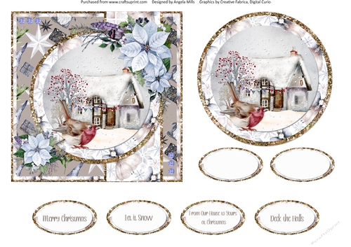 Snowy Village 5: Snowy Cottage & Robin 6 x 6 Card Front with Topper and Sentiments