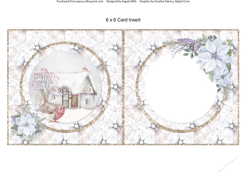 Snowy Village 5: Snowy Cottage & Robin 6 x 6 Blank Card Insert with White/Gold Angels Background