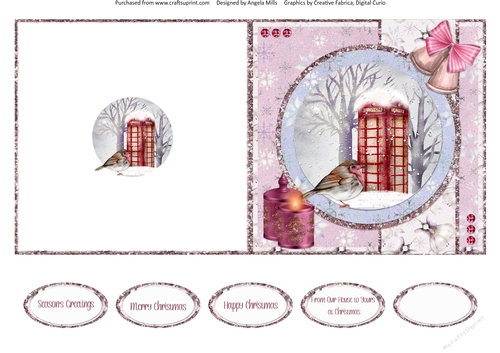 Snowy Village 9: Telephone Box & Robin 5 x 5 Quick Cut & Fold Card with Sentiments