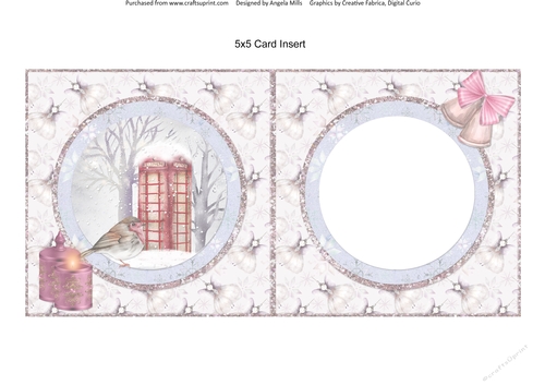 Snowy Village 9: Telephone Box & Robin 5 x 5 Card Insert with Pink/Blue Christmas Angels Background
