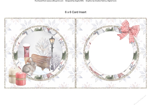 Snowy Village 14: Pillar Box & Rabbit 6 x 6 Card Insert with White Snowflakes Background