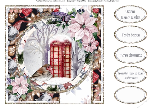 Snowy Village 10: Telephone Box & Robin 8 x 8 Card Front with Sentiments