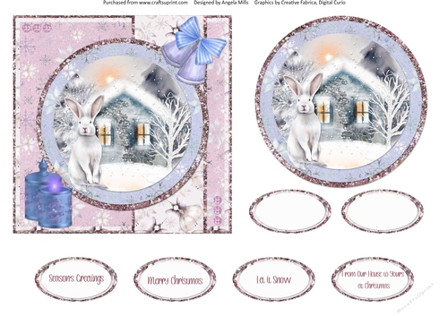 Snowy Village 11: Snowy Cottage & Arctic Hare 6 x 6 Card Front with Topper and Sentiments
