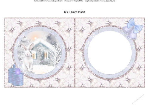 Snowy Village 11: Snowy Cottage & Arctic Hare 6 x 6 Blank Card Insert with Pale Pink Christmas Angels Background