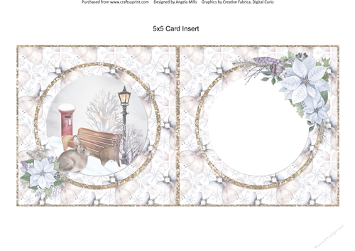 Snowy Village 15: Pillar Box & Rabbit 5 x 5 Card Insert with Christmas Angels Background