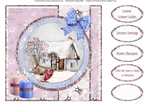Snowy Village 7: Snowy Cottage & Robin 8 x 8 Card Front with Sentiments