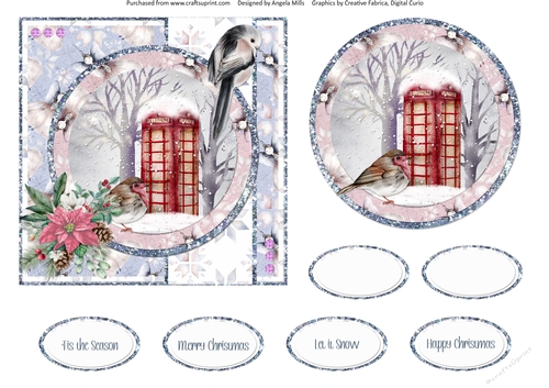 Snowy Village 8: Telephone Box & Robin 6 x 6 Card Front with Topper and Sentiments