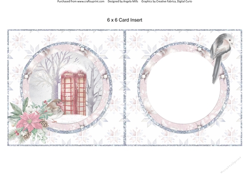 Snowy Village 8: Telephone Box & Robin 6 x 6 Card Insert with Snowflakes Background