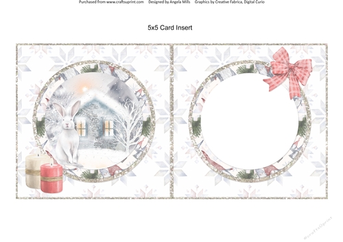 Snowy Village 12: Snowy Cottage & Arctic Hare 5 x 5 Card Insert with Snowflakes Background
