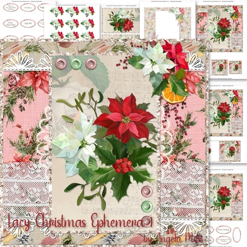 Lacy Christmas Ephemera 1: Poinsettia Bouquet 7 x 7 Mini Card Kit. 7 Sheets