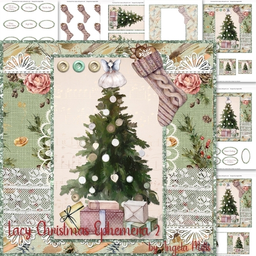 Lacy Christmas Ephemera 2: Christmas Tree 7 x 7 Mini Card Kit. 7 Sheets