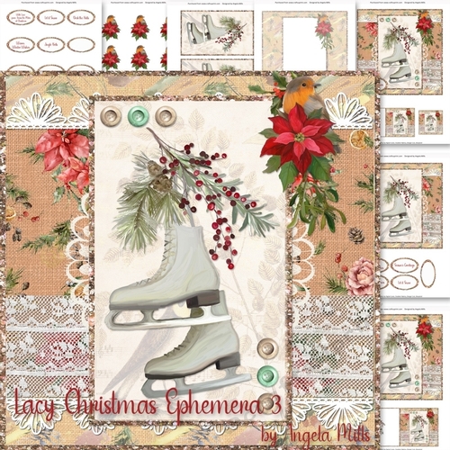Lacy Christmas Ephemera 3: Ice Skates 7 x 7 Mini Card Kit. 7 Sheets