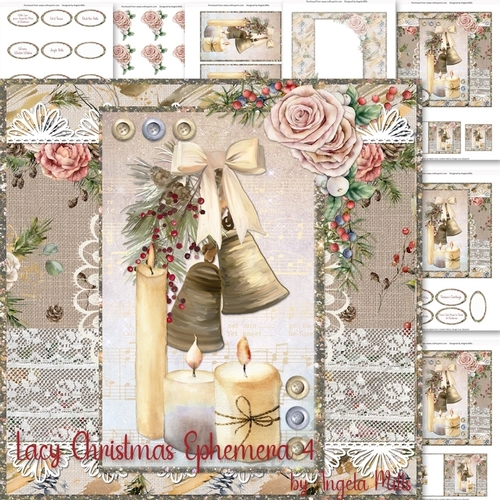 Lacy Christmas Ephemera 4: Christmas Bells/Candles 7 x 7 Mini Card Kit. 7 Sheets