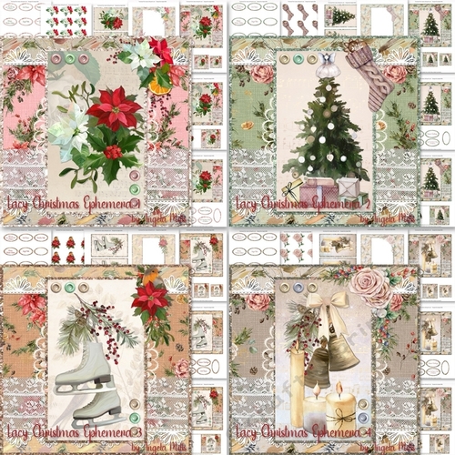 Lacy Christmas Ephemera 1 to 4 Bumper Kit, 4 7x7 Cards, 28 Sheets