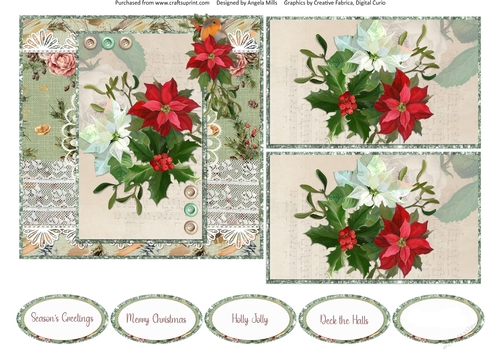 Lacy Christmas Ephemera 5: Poinsettia Bouquet 6 x 6 Card Front with Two Toppers plus Sentiments