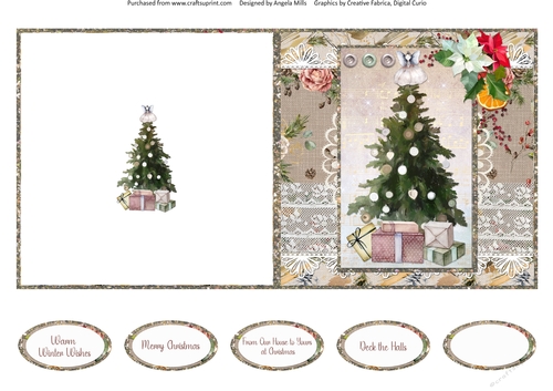 Lacy Christmas Ephemera 9: Christmas Tree 5 x 5 Quick Cut & Fold Card with Sentiments